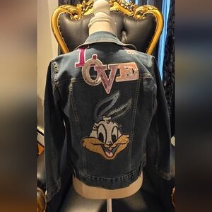 Denim Jacket with Cartoon Patch and Love Design